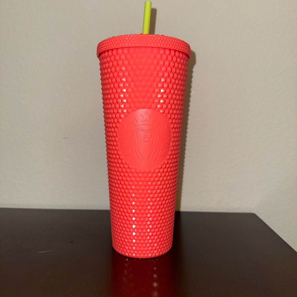 Starbucks Coral Textured Studded Tumbler with Lime Straw